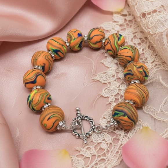Handmade Marbled Polymer Clay Bead Bracelet - Orange & Green Swirl - Picture 8 of 9